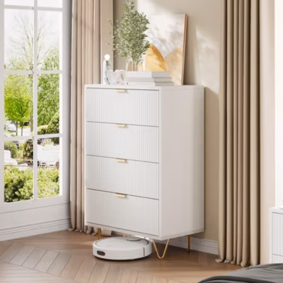 Commode moderne bois et rotin 4 tiroirs, meuble de rangement multifonction pour chambre salon couloir, design élégant et compact