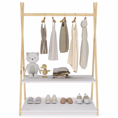Penderie enfant DANILO avec rangement, en bois massif – Coloris naturel et blanc