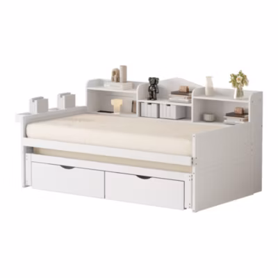 Canapé-lit 90×200 cm avec lit tiroir 90×190 cm deux tiroirs grand rangement panier étagères port USB bois blanc