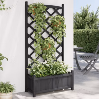 Jardinière avec treillis,Bac à fleurs,Pot de fleur noir bois massif de sapin 807517