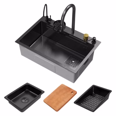 Évier de cuisine encasté multifonctions robinet douchette 68×46 cm anthracite