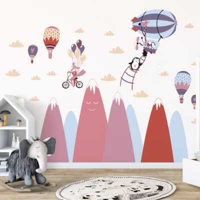 Stickers montagnes scandinaves animaux libres dans l&rsquo;air 120 x 180 cm