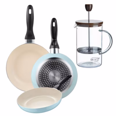 Ensemble de 3 poeles San Ignacio 16-20-24cm avec cafetière a piston