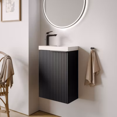 Meuble vasque Noir mat strié de salle de bain 40x22x55cm (LxPxH) + vasque céramique, Poignée Noir mat – TIM40