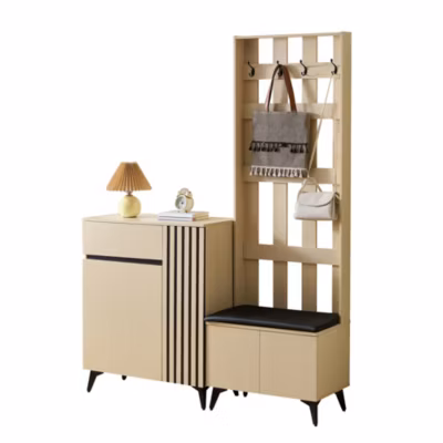 Meuble dentree 150 cm avec banc portemanteau et rangement MDF bois clair pieds metal design moderne