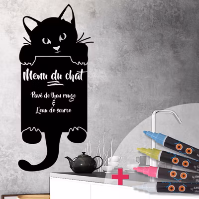 Sticker ardoise tableau noir – stickers muraux adhésif effaçable – CHAT FAIT COUCOU + 4 CRAIES LIQUIDES – 75x35cm