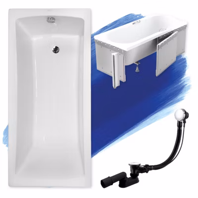 Baignoire rectangulaire 150 x 70 OPTIMA acrylique blanc + Habillage en polystyrène + Pieds + Vidage à chromé