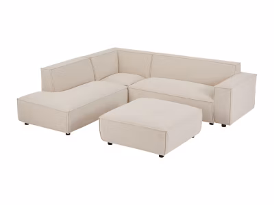 Grand canapé d&rsquo;angle gauche et pouf en velours côtelé beige BORORE