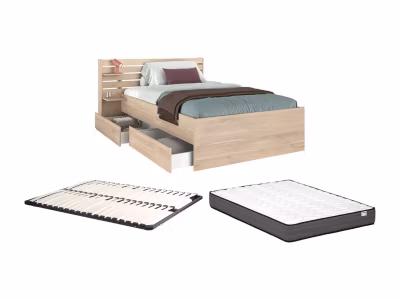 Lit 120 x 190 cm avec rangements – Coloris : Naturel + Sommier + Matelas – TENALIA