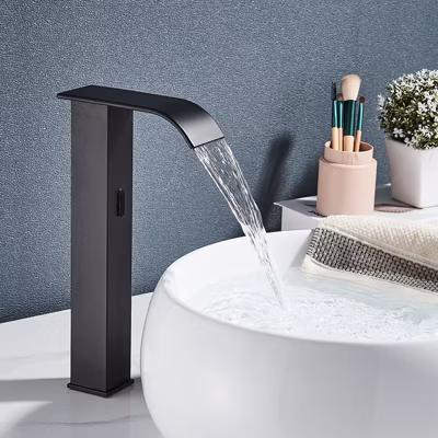 Robinet de lavabo haut sans contact infrarouge noir mat, monotrou, mélangeur eau chaude froide.