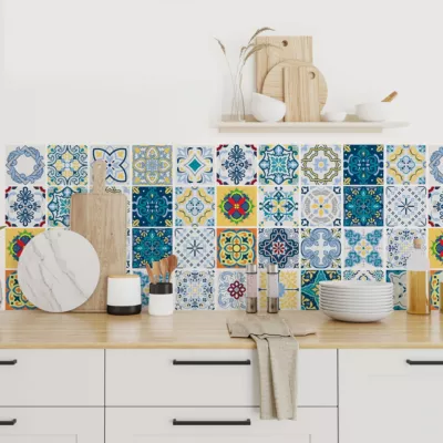 Stickers carrelage carreaux de ciment bleu 10x10cm – Kit de 24