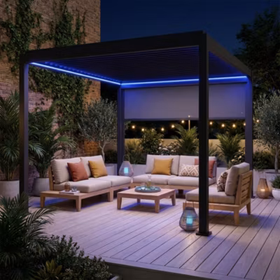 Pergola bioclimatique électrique 3x4m. aluminium. à lames orientables avec éclairage LED + store 3m