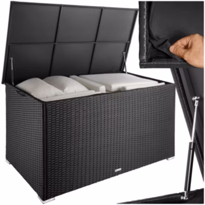 Coffre jardin noir 750 L aluminium résine tressée 145×82,5×79,5cm vérins gaz