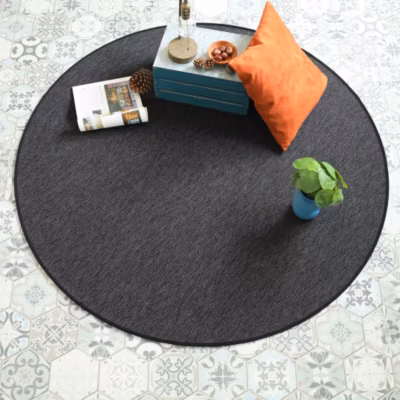 Tapis rond intérieur / extérieur – Timika gris ardoise – Galon noir – 120 cm