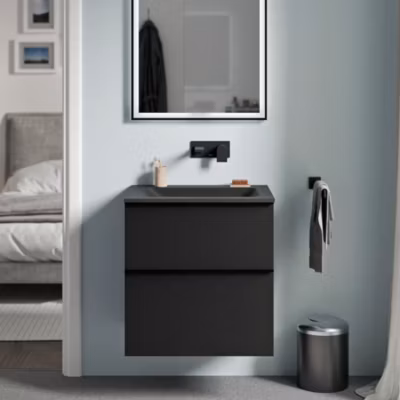 Meuble vasque suspendu MDF Noir mat, lavabo fonte sans trou robinet & poignée Noir mat – 60x46x62cm – LAVOA