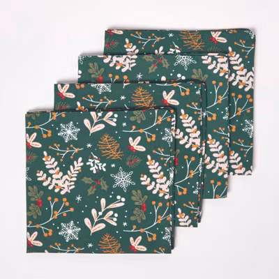 Serviette de table noël en coton – Lot de 4 – forêt festive – HOMESCAPES – Lavable en machine
