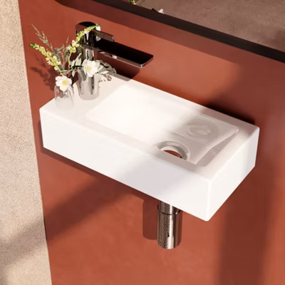 EMKE Vasque à Poser en céramique 36,5x18x9cm, Lavabo suspendu rectangulaire avec robinet trou prépercé, blanc brillant