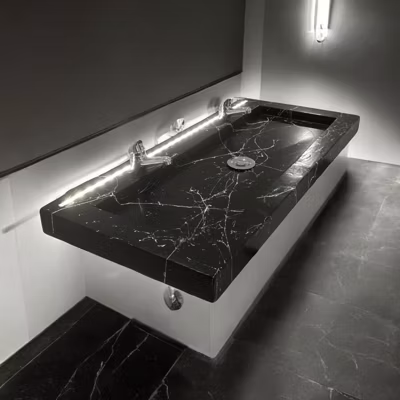 Plan Double Vasque en béton fibré cimenté noir effet marbre 100×47 avec LED + capteur de mouvement double robinetterie