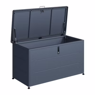 Coffre extérieur compact 460L gris en métal galvanisé avec ouverture assistée