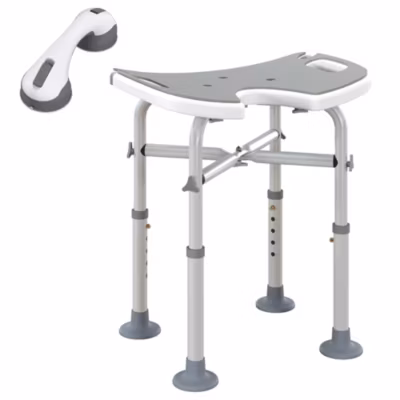 Tabouret de douche – siège de douche avec barre d&rsquo;appui ventouse – hauteur réglable – alu HDPE gris blanc