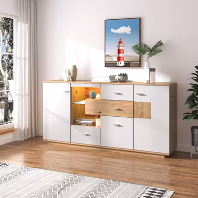 Buffet LED 160x40x77 cm, 2 portes, 4 tiroirs, étagère verre, aspect bois, armoire polyvalente pour salon, blanc