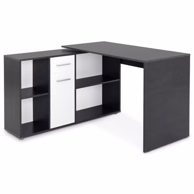 Bureau d&rsquo;angle CARMEN avec meuble de rangement, décor béton foncé et blanc mat