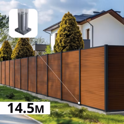 Kit Clôture Composite SANTOS Teck 14,5×1,8m – Bois composite & Aluminium – Poteaux sur Platines Gris – Brise vue – Palissade