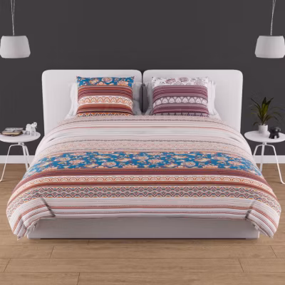 Parure housse de couette en coton 57 fils/cm2 240×220 cm JAIPUR bleu, par Soleil d&rsquo;Ocre