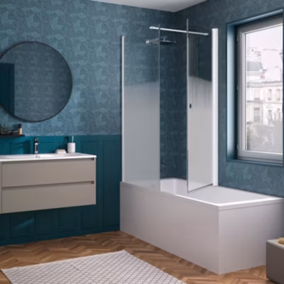 Pare-bain Kinedo Smart Design Orion pivotant pour montage avec Smart Design Hydra/Lyra 75 blanc verre sérigraphié cosmos
