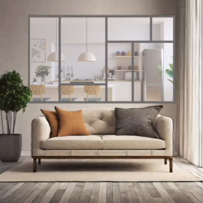 Verrière ArtDéco 7 – L x H : 210 x 125 cm – Laqué brun 2650 granité – vitrages inclus