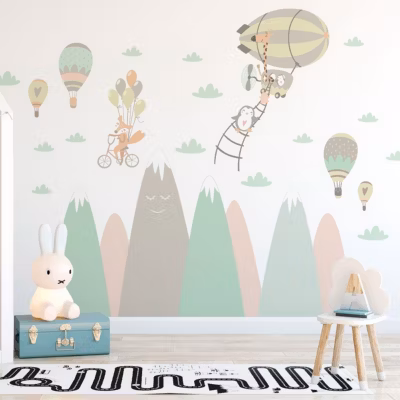 Stickers enfant montagnes scandinaves animaux joueurs 60 x 90 cm