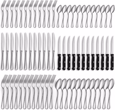 couverts de table avec couteau a steak, 72 pièces couverts pour 12 personnes gris noir