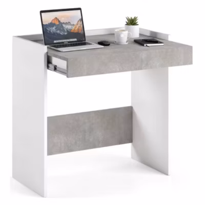 Bureau Clématide, Bureau moderne avec tiroir, Table d&rsquo;étude ou de bureau, Porte-livre PC, 80x40h79 cm, Blanc et Ciment