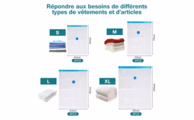 Set de 12 housses de rangement sous vide avec pompe, (3 maxi, 3L, 3M, 3S), Blanc et bleu avec pompe