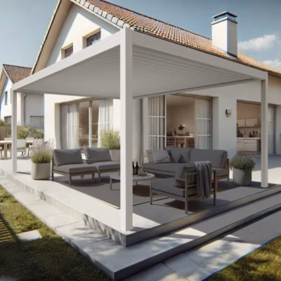 Pergola bioclimatique Xenon II îlot (Vérin à Télécommande – Blanc – 4,50 x 3,993m)