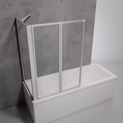Pare baignoire à coller 2 volets + paroi de retour fixe, 89 x 75 x 120 cm, verre transparent, alu nature, Schulte