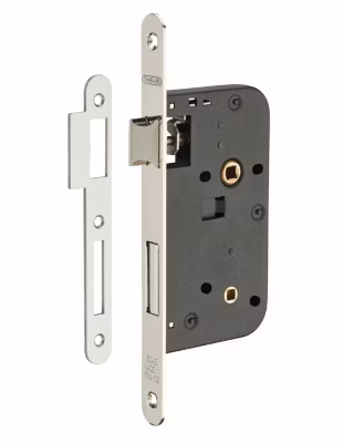 Serrure encastrable à condamnation pour porte de salle de bain et toilettes, axe 50mm, bouts ronds, acier nickelé – THIRARD