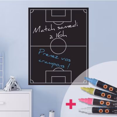 Sticker ardoise tableau noir – stickers muraux adhésif effaçable – TERRAIN DE FOOT + 4 CRAIES LIQUIDES – 140x105cm