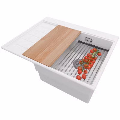 PRIMAGRAN Evier Cuisine en Granit Blanc 62x50cm, Lavabo 1 bac + Kit de Vidage + Accessoires, Évier à Encastrer au meuble 40cm