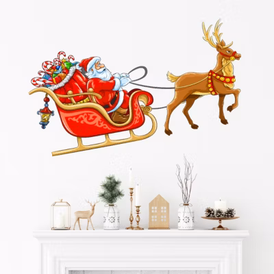 Sticker Noël le Père Noël sur son traineau – Autocollants stickers adhésifs noël – décoration fêtes – 80x160cm