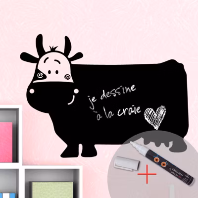 Sticker ardoise tableau noir – stickers muraux adhésif effaçable – UNE VACHE SOURIANTE + CRAIE LIQUIDE BLANCHE – 90x120cm