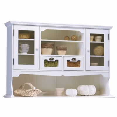 Haut de Vaisselier Blanc 9 Niches 2 Portes 2 Tiroirs Vitrés L 143 H 96 P 33 cm – L 143 x l 33 x H 96 cm