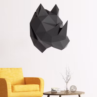Sticker origami 3D rhinocéros noir de profil 100 x 80 cm