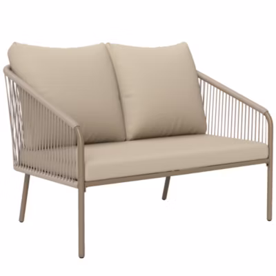 Canapé de jardin 2 places style bohème chic avec coussins assise dossier acier résine filaire grège