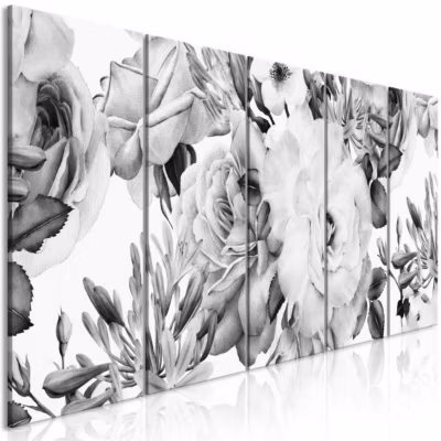 Tableau Fleurs Rose Composition (5 Parts) Narrow Black and White 200×80 cm