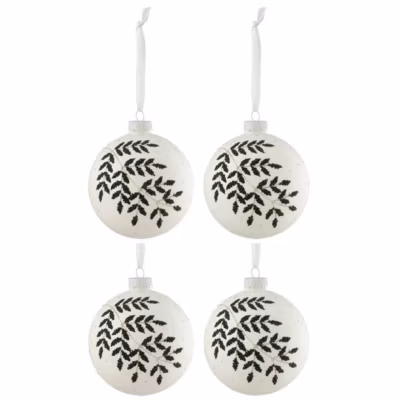 Lot de 4 Boules de Noël « Feuilles Paillettes » 10cm Blanc