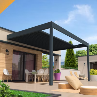 Pergola rétractable HYLIA 4,50×4,109 M Motorisé à Télécommande (Mixte – Armature gris anthracite, lames blanc)