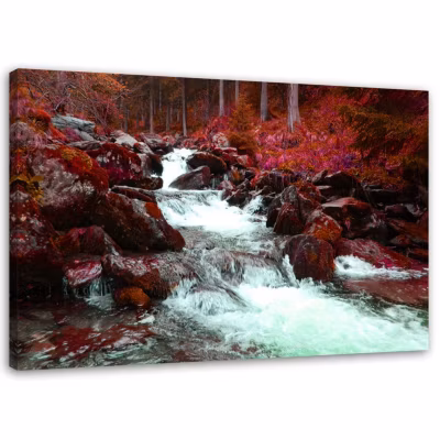 Tableau sur toile, montagne ruisseau forêt rouge 100×70 cm