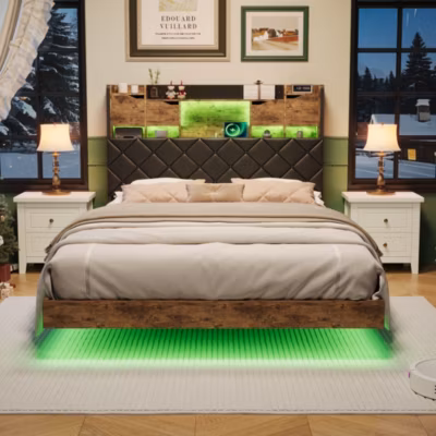 Lit flottant 160×200 cm avec tête de lit, rangement intégré, éclairage LED, ports USB, Lit coffre/double, Noir