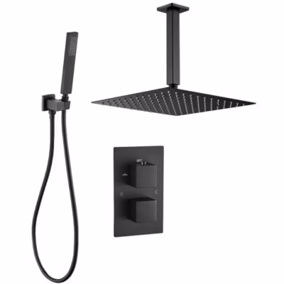 Ensemble de douche thermostatique de plafond TILSO noir mat diam30 cm
